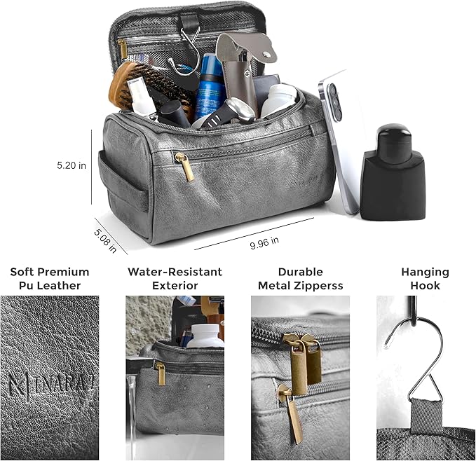 MINARAI Mens Toiletry Bag with Razor Case Included – Reinforced Stitching, Padded Panels, Holds Shape Trip After Trip, Ideal for Tight Hotel Sinks with Hook, Built for Men Who Travel Hard – GREY