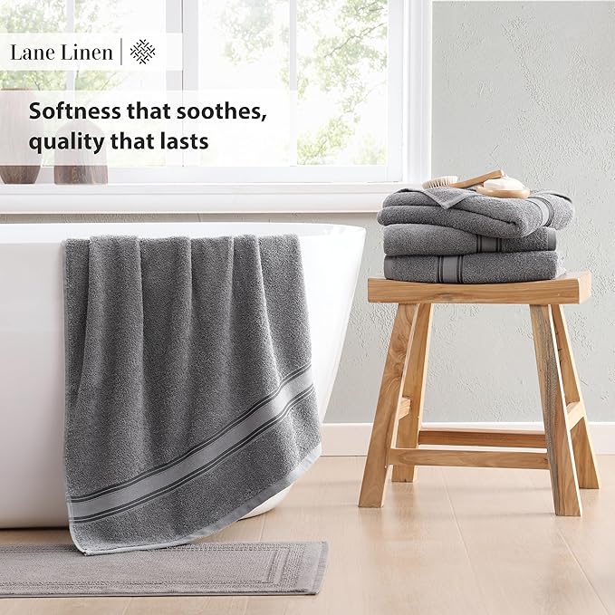 LANE LINEN Towel Set of 12 – 100% Mercerized Cotton, Zero Twist, 4 Large Bath Towel, 4 Hand Towels & 4 Wash Cloths, Quick Dry & Long-Lasting, Perfect for Family Bathrooms, Easy Care – Cool Grey