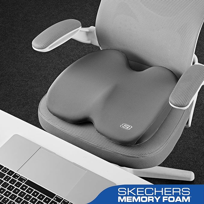Skechers Memory Foam Seat Cushion,Ribbed Fabric Office Chair Cushion for Tailbone Pain Relief,Butt Pillow for Office Chair,Car Seat Cushion,Long Sitting Office Workers,and Car Drivers,Gray
