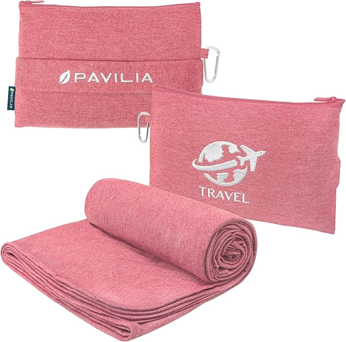 PAVILIA Soft Travel Blanket, Compact Airplane Blanket in Bag, Portable Blanket Pillow Set, Lightweight and Packable Plane Flight Car Trips Travel Home Office Gift Accessories, Pink, 65x40 inches