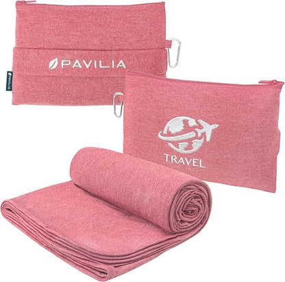 PAVILIA Soft Travel Blanket, Compact Airplane Blanket in Bag, Portable Blanket Pillow Set, Lightweight and Packable Plane Flight Car Trips Travel Home Office Gift Accessories, Pink, 65x40 inches