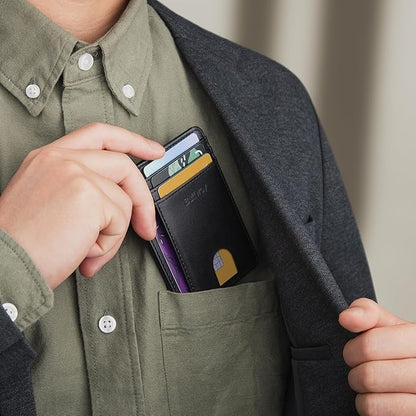 Buffway Slim Minimalist Front Pocket RFID Blocking Leather Wallets for Men and Women - Slate Black