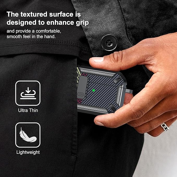 RFUNGUANGO for AirPods Pro 2nd Gen Case with Cleaning Kit, Military Hard Case Protective Armor with Lock, for AirPod Gen 2 Charging Case (2023/2022/2019, 2nd Gen/1st Gen), Carbon Fiber Ash