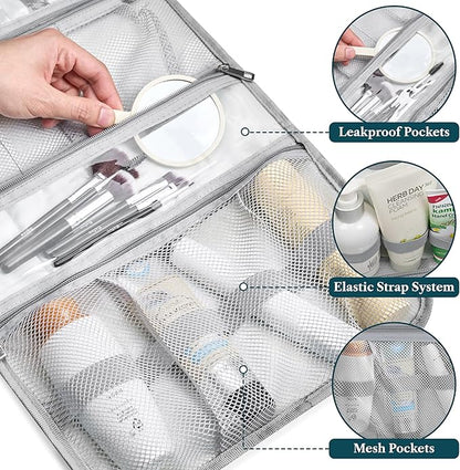 PAVILIA Hanging Toiletry Bag Women Men, Travel Kit Foldable Large Toiletries Organizer, Roll up Cosmetics Makeup Bag Accessories, Waterproof Essentials Jewelry Case (Heather Grey)