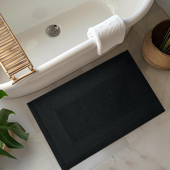 Avalon Towels Black Bath Mat - 100% Cotton Set of 2 Absorbent Bathmat - Bathroom Mats Quick Dry Bath Mats for Bathrooms (22x34 Inches)