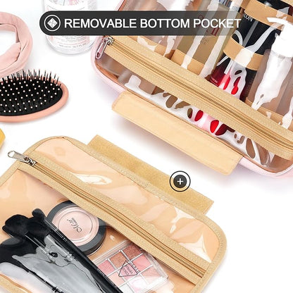 Travel Hanging Toiletry Bag for Women and Men, with 8 Leak Proofing Silicone Bottle Covers, Waterproof Makeup Accessories, Cosmetic Essentials, Cruise Ship Toiletries Bag with Jewelry Organizer, Pink