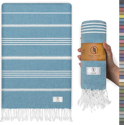 Turkish Beach Towel Compact & Soft Oversized (39" x 71") - Quick Dry, Versatile and Functional as Bath Sheet, Picnic Blanket, Bath, Gym, Pool and Body Towel - Turqoise