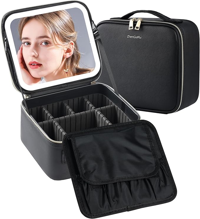 SJD Travel Makeup Bag with LED Mirror, Portable Cosmetic Case Organizer with Lighted Mirror, Waterproof Makeup Case for Cosmetic Brush Holder Storage, Black Toiletry Bag for Women Gift