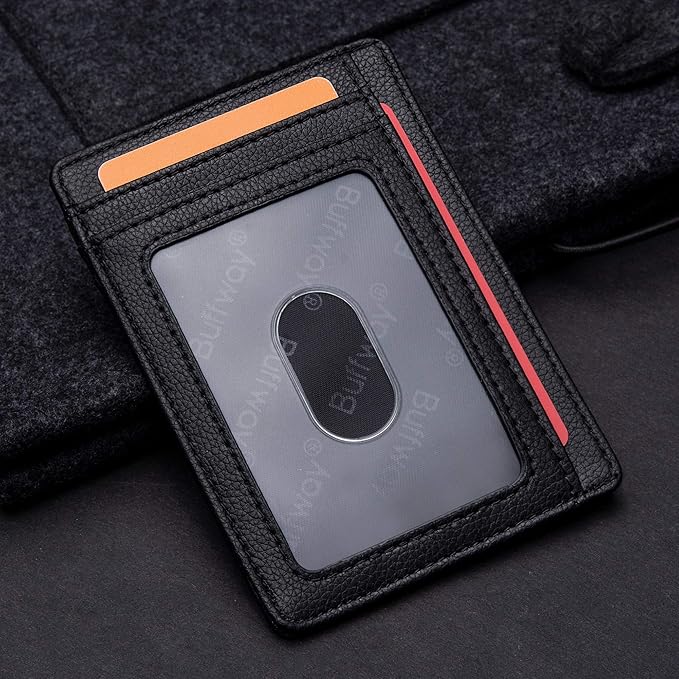 Buffway Slim Minimalist Front Pocket RFID Blocking Leather Wallets for Men and Women - Lichee Black