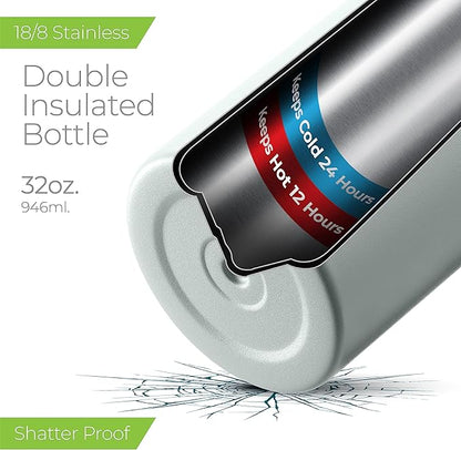 SipX™ Triple-Insulated Stainless Steel Water Bottle 32oz. With 3 Lids, BPA-Free Reusable Insulated Water Bottle Keeps Cold 24 Hours, Metal Water Bottle Made Of Sustainable Material For Hiking & Biking