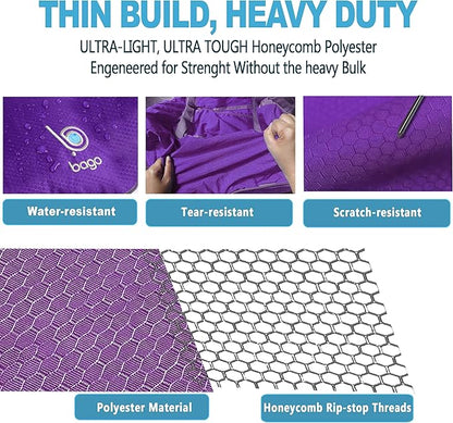 Bago Large Foldable Duffel Bags for Traveling Women & Men - 100L Packable Duffle Bag for Travel with Shoe Compartment - Water Repellant, Heavy Duty, Lightweight Folding & Collapsible (Purple)