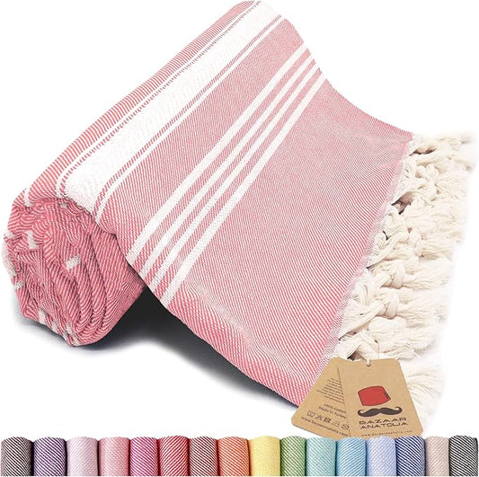 Bazaar Anatolia Turkish Beach Towel – 100% Cotton, Quick Dry, Sand Free Towel for Bathroom, Camping, Travel, Peach – Oversized 71x39 Inches – Stripe Coral