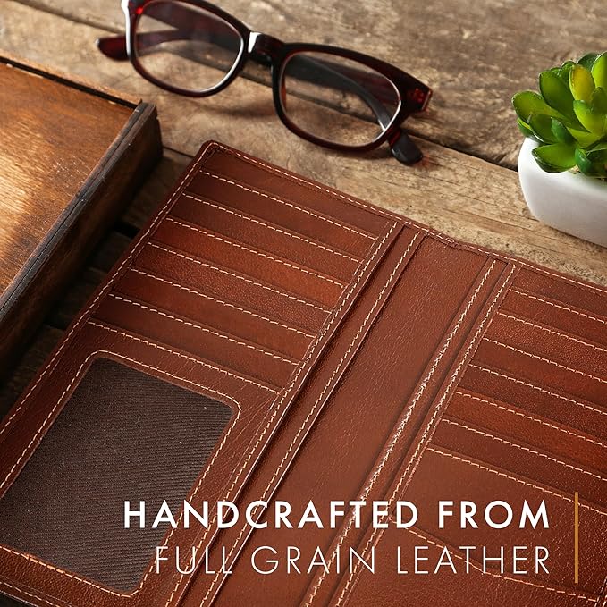 ELIZO Men's Genuine Leather Long Wallet - RFID Blocking Rodeo Checkbook Wallet | Slim Western Bifold Wallet with 16 Card Slots, ID Window | Top Grain Leather Cowboy Wallet