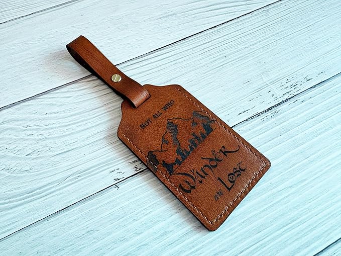 Mayan Corner - Handcrafted Brown Leather Luggage Tag with Adventure Quote, Decorative Stitching