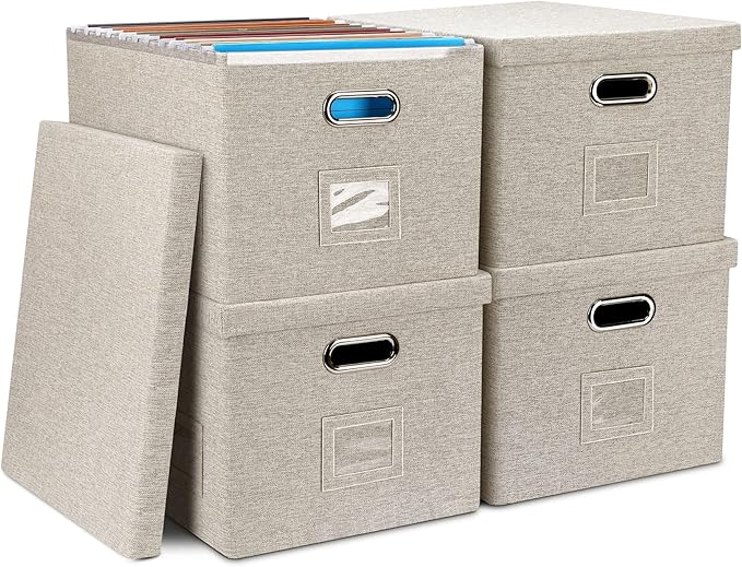 4-Pack Modern Minimalist Beige Collapsible Linen File Folder Box Office Document Storage Filing Bin with Lid for Letter Legal Size Hanging Folders