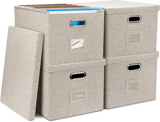 4-Pack Modern Minimalist Beige Collapsible Linen File Folder Box Office Document Storage Filing Bin with Lid for Letter Legal Size Hanging Folders