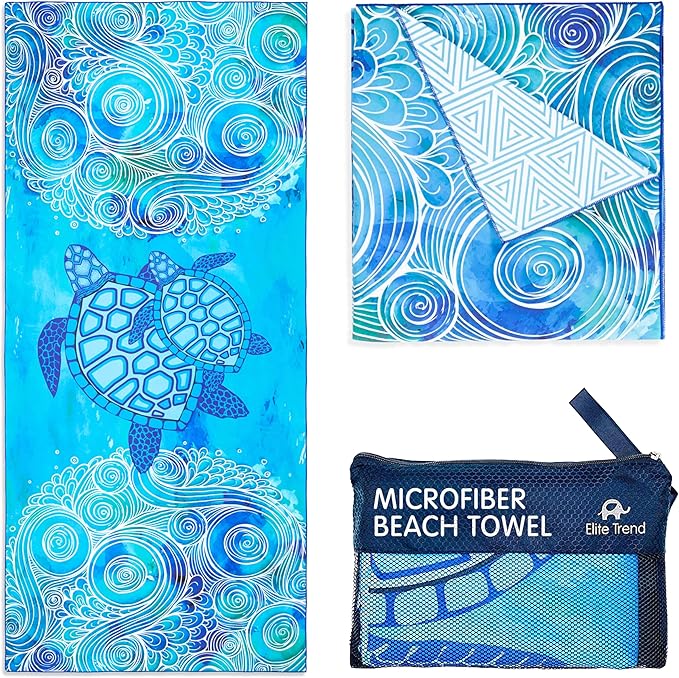 Elite Trend Microfiber Beach Towel for Adults with Bag - Extra Large 78x35 inch Lightweight Sand Free Quick Dry Towel for Travel, Swimming, Yoga, Camping (Sea Turtle)