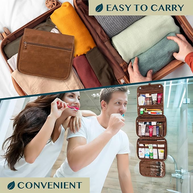 PAVILIA Hanging Toiletry Bag Women Men, Foldable Cosmetic Organizer Travel Bag, Water Resistant Makeup Bag Toiletries, Large Travel Essentials Kit (Brown)