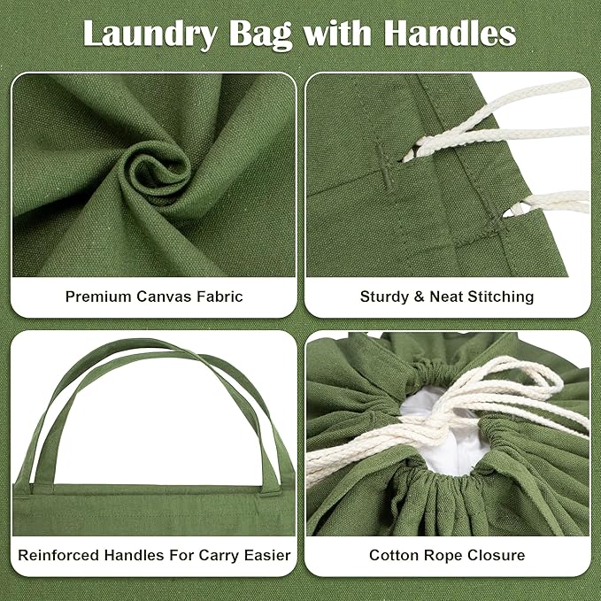 Canvas Laundry Bags with Handles & Square Base13.8"x 13.8", Large Heavy Duty Laundry Basket Hamper Liner, College Dorm Washable Drawstring Cotton Dirty Clothes Bag (Army Green)