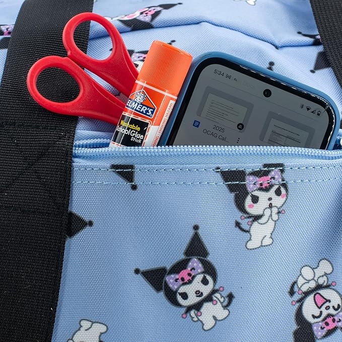 Kuromi Girls Duffle Bag, 16 x 10 x 6.5 inch, Travel Sleepover Dance Bag with Pockets, Purple