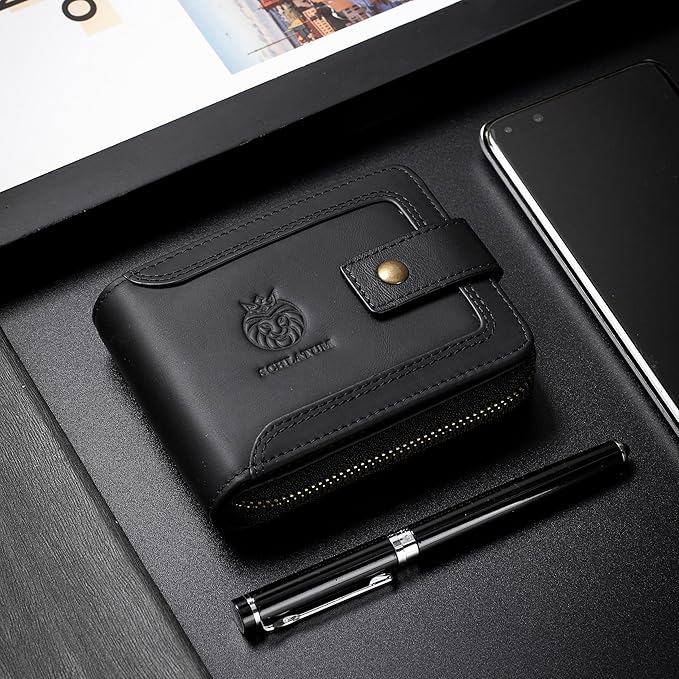 Genuine Leather Zipper Wallet for Men RFID Blocking Large Capacity Classic Wallet with Coin Pocket ID Window, Black