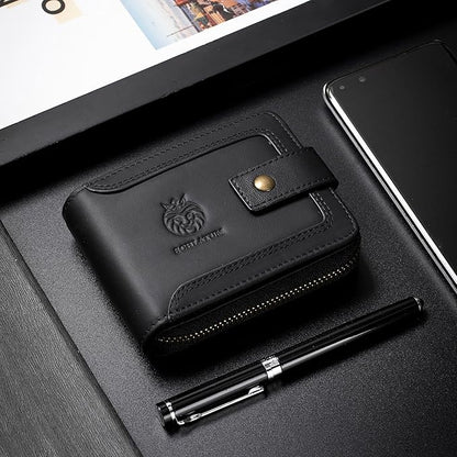 Genuine Leather Zipper Wallet for Men RFID Blocking Large Capacity Classic Wallet with Coin Pocket ID Window, Black