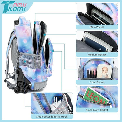NEW TILAMI 18 Inch Rolling Backpack with Wheels for Girls Boys Kids Laptop Backpack School Travel, Purple Star