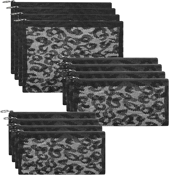 12 Pieces Zipper Nylon Mesh Pouch, Mesh Cosmetic Bags Makeup Bags Pencil Case, Multipurpose Travel Bags for Cosmetic School Office Supplies and Travel Accessories (Black Lace, Assorted Sizes)
