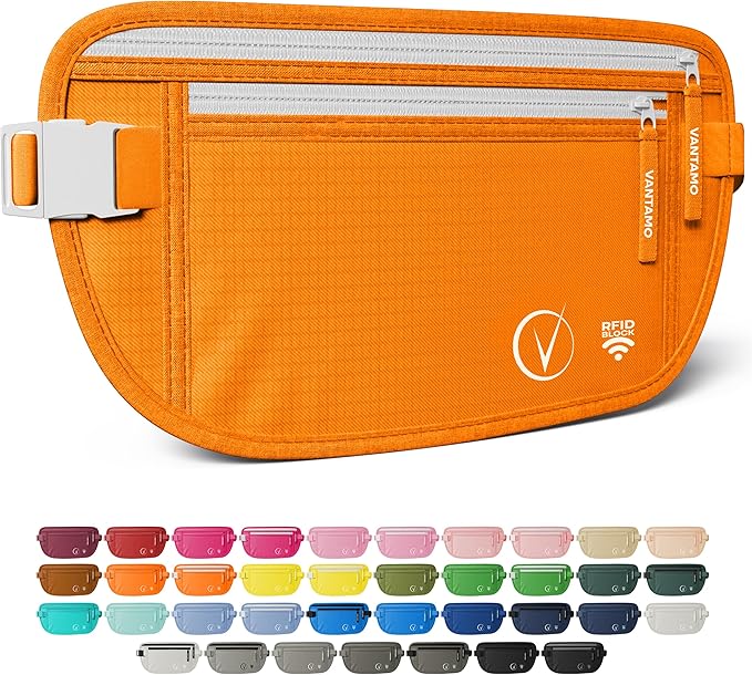 Vantamo Money Belt with RFID For Men & Women, Hidden Passport Holder for Travel, 2 Compartment Travel Fanny Pack for Women Anti Theft