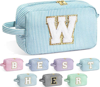 YOOLIFE Travel Makeup Bag for Women - Personalized Monogram Initial Blue Makeup Bags Cosmetic Toiletry Bag Pouch Make Up Case for Women Mom Her Best Friend Female Teacher, Birthday Gifts for Women W