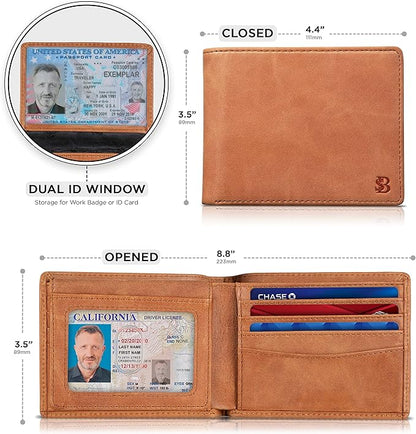 SERMAN BRANDS 2 ID Window Wallet for Men RFID Blocking Leather, Bifold Top Flip, Extra Capacity Travel Wallet