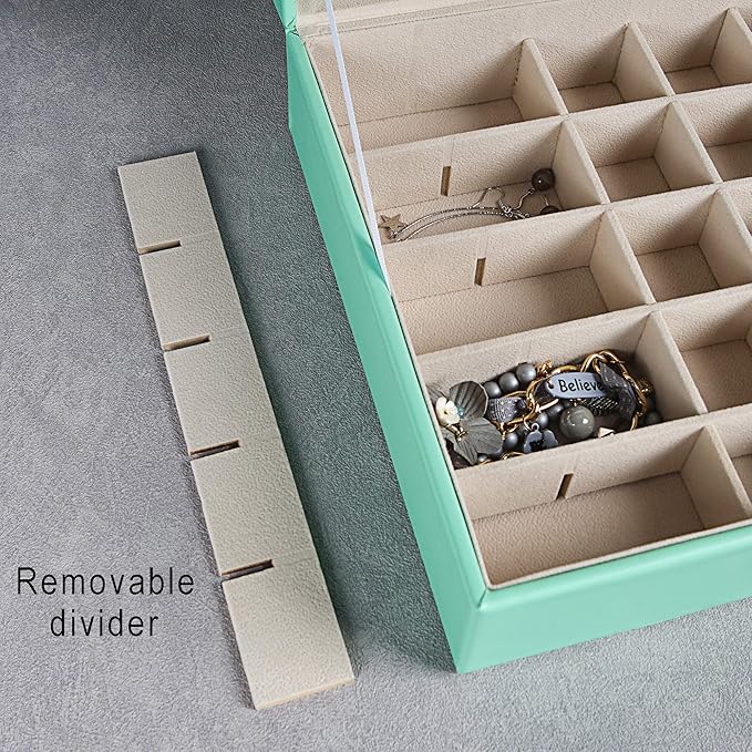 Frebeauty Earring Organizer Classic Jewelry Box 50 Slots Double Layer Jewelry Storage Case with 6 Necklace Hook and Bracelet Pocket(Turquoise)