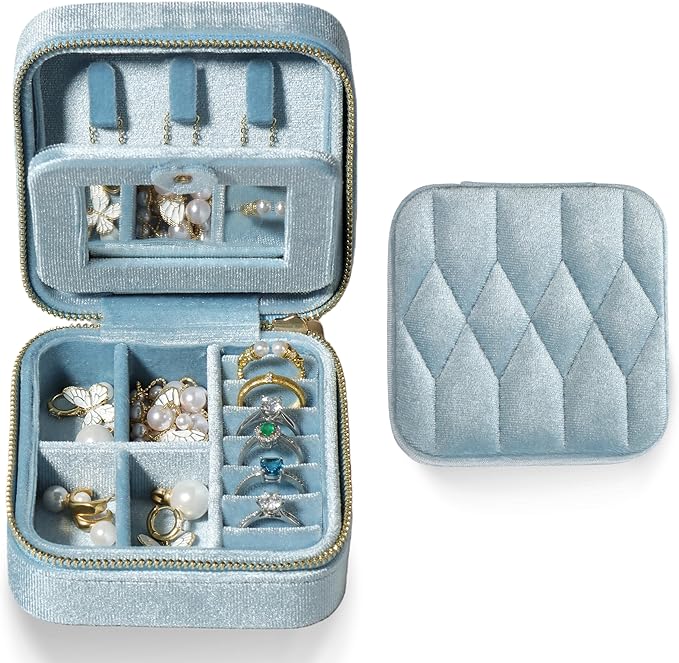 Velvet Jewelry Box – Travel Jewelry Case Organizer with Mirror, Adjustable Compartments for Women | Luxury Storage Case & Gift for Her - Light Blue