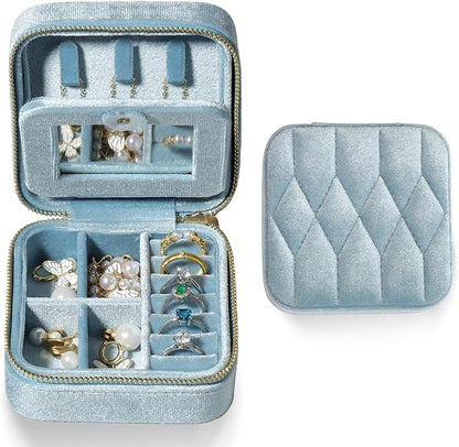 Velvet Jewelry Box – Travel Jewelry Case Organizer with Mirror, Adjustable Compartments for Women | Luxury Storage Case & Gift for Her - Light Blue