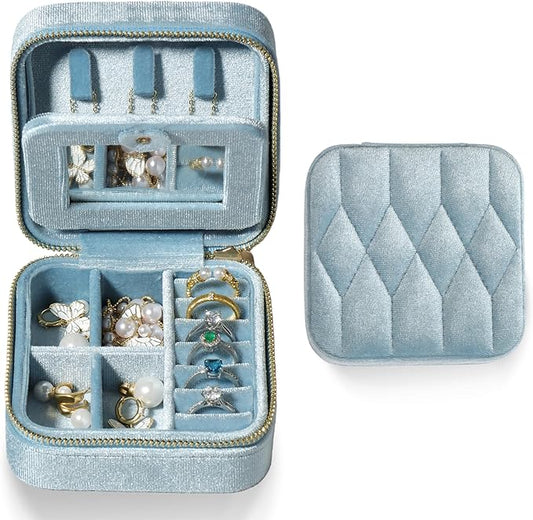 Velvet Jewelry Box – Travel Jewelry Case Organizer with Mirror, Adjustable Compartments for Women | Luxury Storage Case & Gift for Her - Light Blue