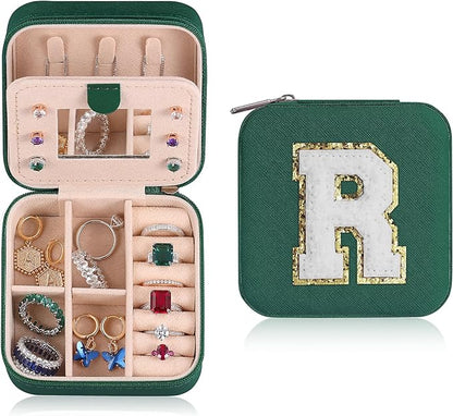 Parima Travel Jewelry Box for Girls Women, Initial Organizer Must Haves Case Necklace Earrings Ring Gifts Women, Green
