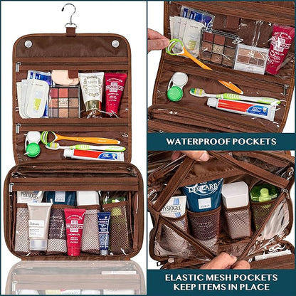 PAVILIA Hanging Toiletry Bag Women Men, Foldable Cosmetic Organizer Travel Bag, Water Resistant Makeup Bag Toiletries, Large Travel Essentials Kit (Brown)