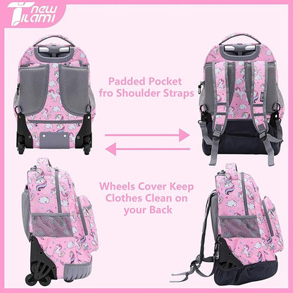 NEW TILAMI Rolling Backpack 16 Inch Wheeled Laptop Backpack with Wheels for Girls Boys School, Cute Unicorn