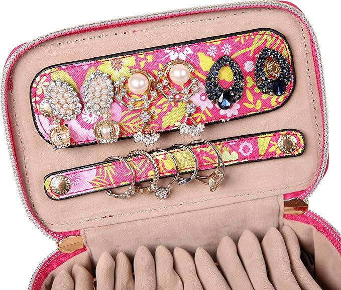 Angelina's Palace Jewelry Organizer Case Bridesmaid Gifts Travel Bag Vegan Leather Box for Necklace Earring Bracelet Ring(blossom fuschia)
