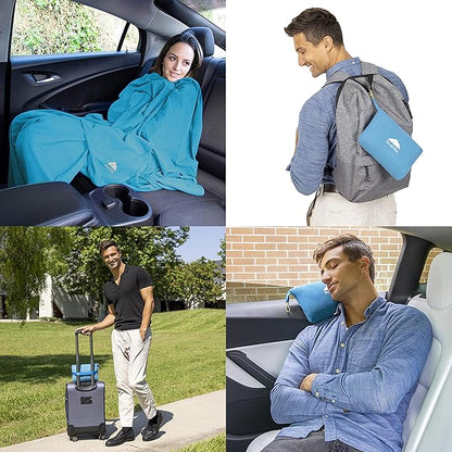 BlueHills Travel Blanket Pillow Compact Lightweight Pocket Size Airplane Traveling Essential Flight Trip Throw in Bag Portable Case Plane Accessory Teal Blue L03