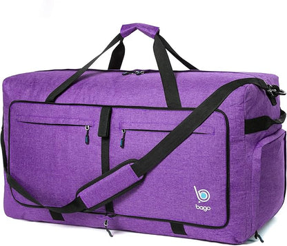 Bago Large Foldable Duffel Bags for Traveling Women & Men - 120L Packable Duffle Bag for Travel with Shoe Compartment - Water Repellant, Heavy Duty, Lightweight Folding & Collapsible (SnowDepPurple)