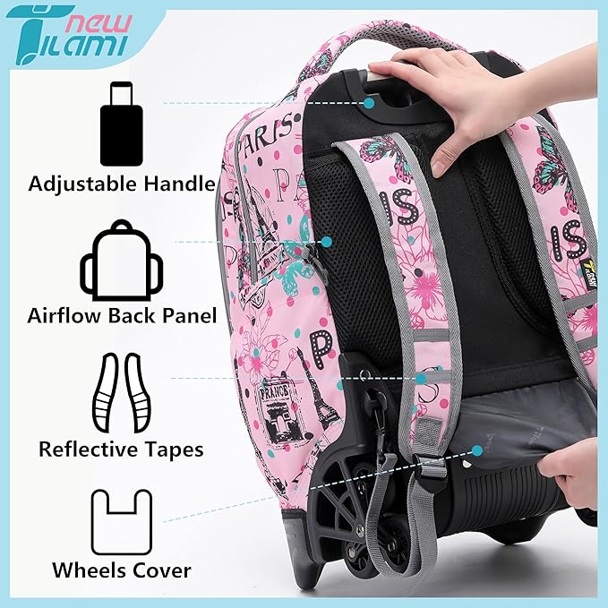 NEW TILAMI 18 Inch Rolling Backpack with Wheels for Girls Boys Kids Laptop Backpack School Travel, Pink Paris