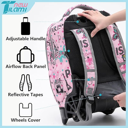 NEW TILAMI 18 Inch Rolling Backpack with Wheels for Girls Boys Kids Laptop Backpack School Travel, Pink Paris
