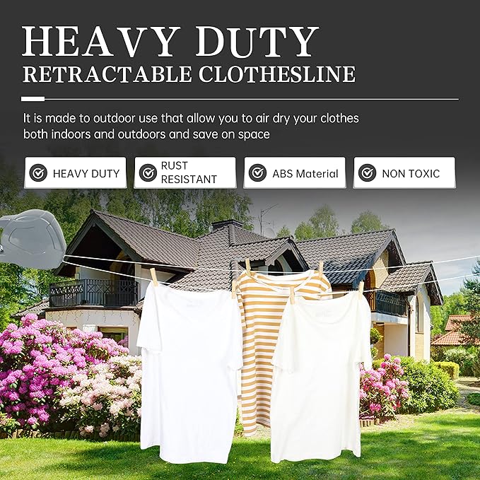 Retractable Clothesline Heavy Duty Retracting Clothes Line Outdoor and Indoor with Durable ABS Shell and 2x49 Feet Extruded PVC Line,with Lock to Prevent Sagging
