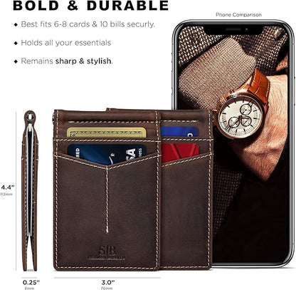 SERMAN BRANDS RFID Blocking Wallet Slim Bifold - Genuine Leather Minimalist Front Pocket Wallets for Men with Money Clip Gift (Texas Brown)