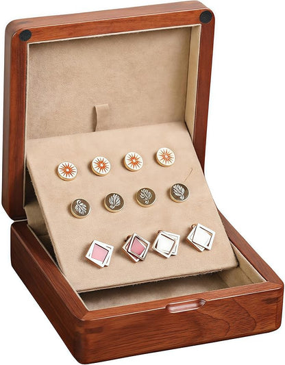 Rosewood Cufflink Organizer Storage Box No-Veneer Solid Wood Craftsmanship Hold 12 Cufflinks Rings Earrings Smooth Surface Soft Coral Fleece Lining Compact for Travel Gift Jewelry Enthusiasts