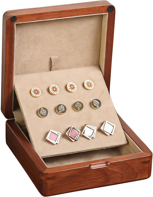 Rosewood Cufflink Organizer Storage Box No-Veneer Solid Wood Craftsmanship Hold 12 Cufflinks Rings Earrings Smooth Surface Soft Coral Fleece Lining Compact for Travel Gift Jewelry Enthusiasts