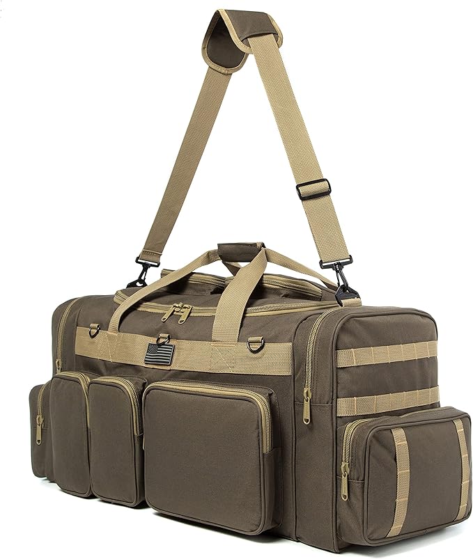 K-Cliffs Tactical Range Duffel Heavy Duty Large Gear Duffle Durable Quality Travel Sports Gym Equipment Bag Military Molle with Lockable Zippers with US Flag Patch 33 Inch Khaki