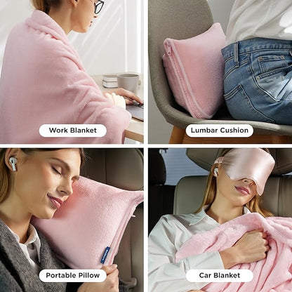 Bedsure Travel Blanket Airplane Compact with Storage Bag, Packable Blanket with Eye Mask, Lightweight 2-in-1 Travel Essentials, Functioned as Pillow for Airplane Comfort and Warmth, Pink