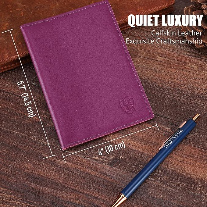 STAR VISTA Albatross Leather Travel Passport Holder, Minimalist Design, Calfskin Leather Case for Women and Men - Slim Passport Wallet, Bifold, RFID Blocking, Violet